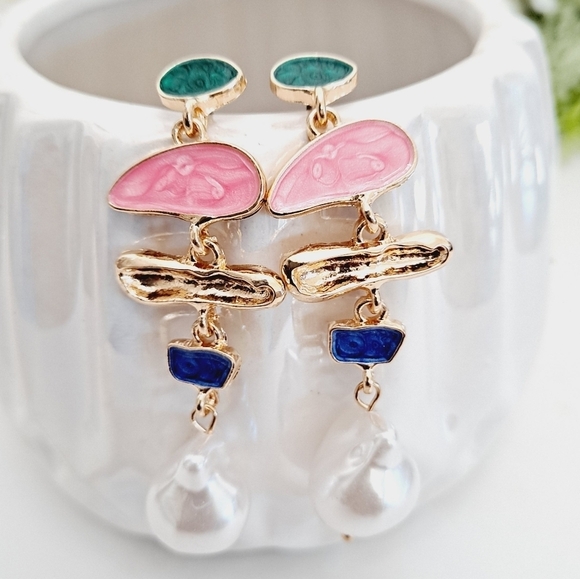 Gold Faux pearl earrings statement pink blue boho drop dainty party 💖2/$30 - Picture 8 of 10